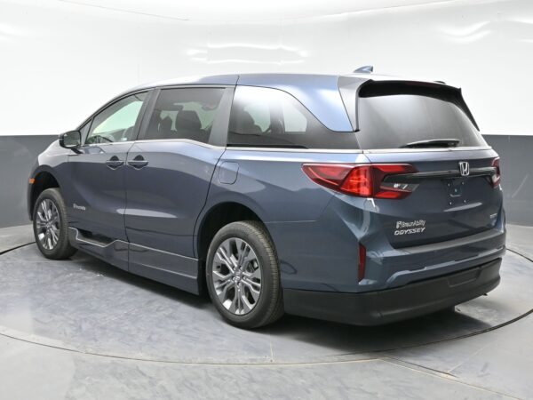 005 Blue Honda Odyssey minivan in a studio, rear three-quarter view showing taillights and rear window