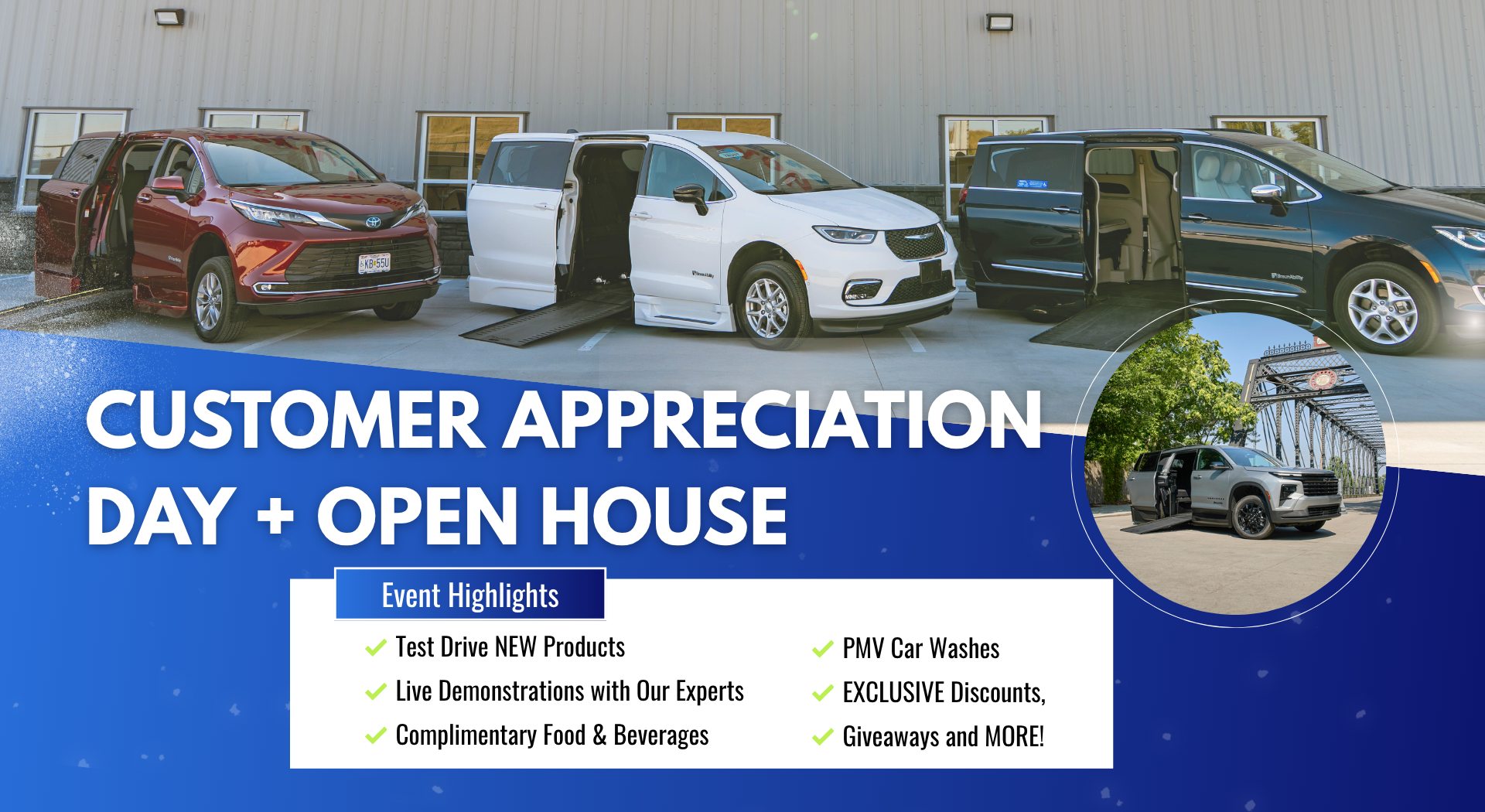 Promotional banner for Customer Appreciation Day showing several vans parked outside a building with bold white text: 'CUSTOMER APPRECIATION DAY + OPEN HOUSE'.