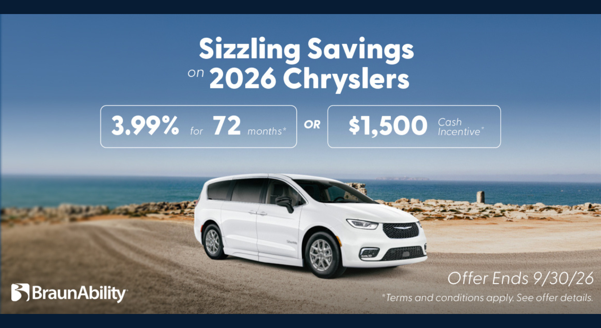 Ad banner promoting 2026 Chryslers with 3.99% for 72 months or $1,500 cash incentive; white van on a coastal road backdrop with BraunAbility logo.