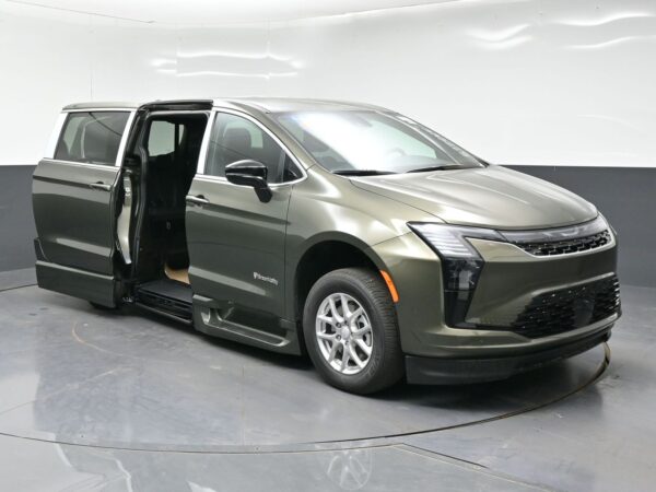 wav-2C4RC1BG7VR577944-0 Olive-green wheelchair-accessible minivan with sliding side door open, showing lowered floor and interior seating.