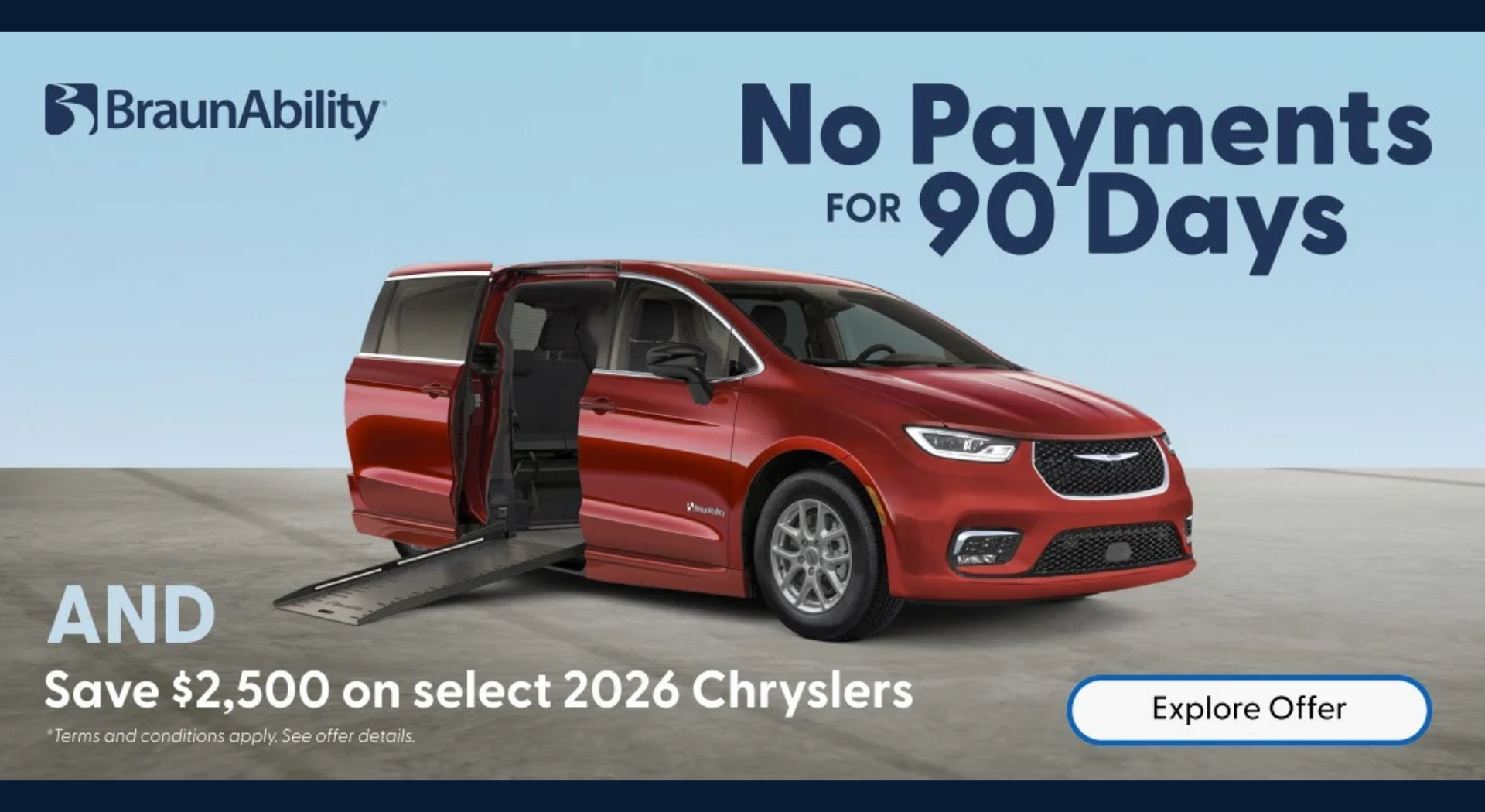 Red wheelchair-accessible van with its side doors open and a visible ramp in front, set against a blue promotional background with the BraunAbility logo and the text 'No Payments for 90 Days'.